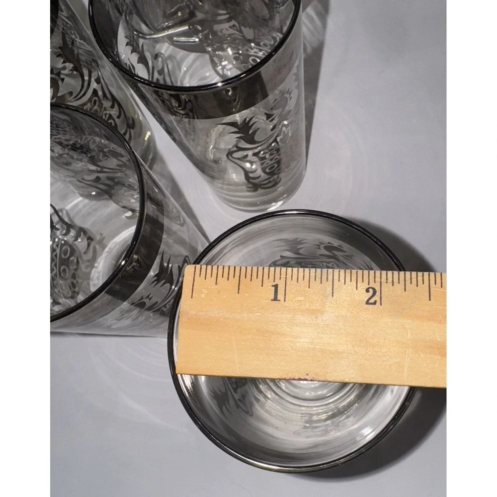 Kimiko Highball MCM Crest Glasses Silver Rim VTG Barware Caddy Coaster Set 4